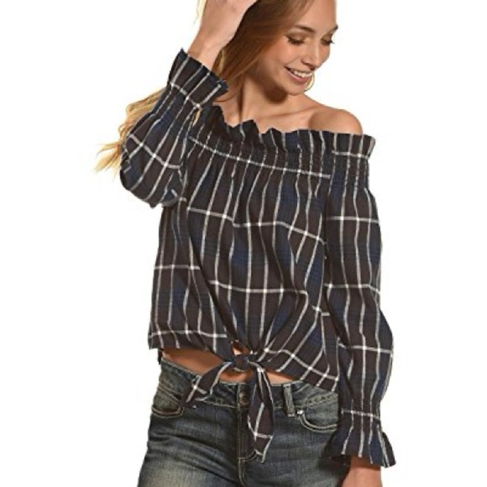 Vintage Havana Black and White Off-the-Shoulder Ruffled Blouse